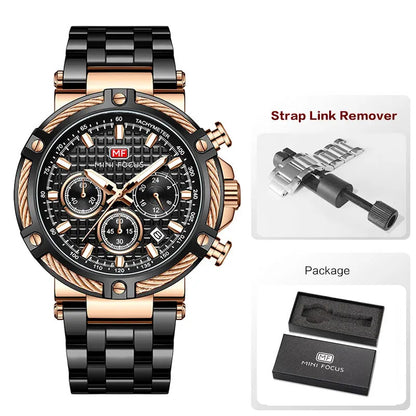 MINI FOCUS Analog Quartz Dress Watch Men Silver Blue Stainless Steel Band Chronograph Luminous Wristwatch with Date 24-hour 0470