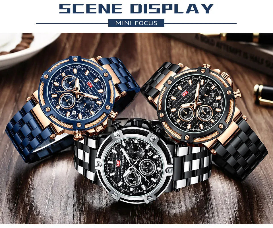 MINI FOCUS Analog Quartz Dress Watch Men Silver Blue Stainless Steel Band Chronograph Luminous Wristwatch with Date 24-hour 0470