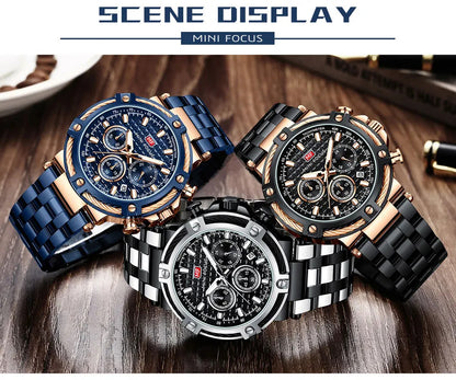 MINI FOCUS Analog Quartz Dress Watch Men Silver Blue Stainless Steel Band Chronograph Luminous Wristwatch with Date 24-hour 0470