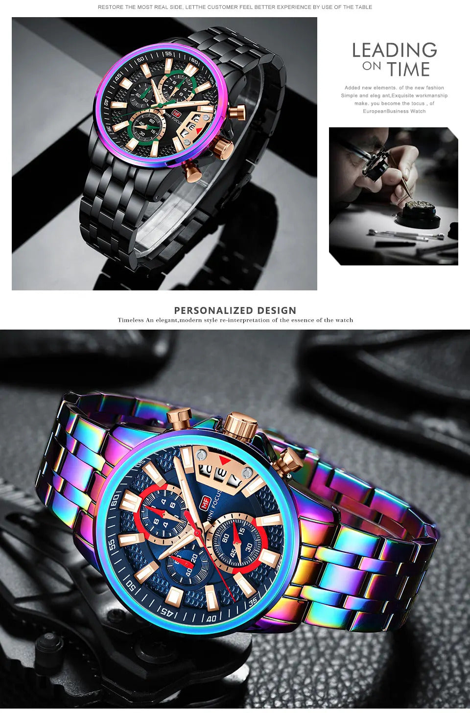 MINI FOCUS Chronograph Quartz Watch for Men with Stainless Steel Bracelet Luxury Sport Analog Wristwatch with Date Black Purple
