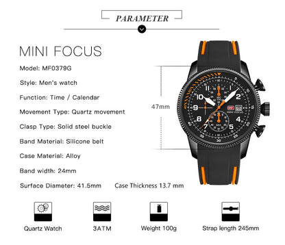 MINI FOCUS Sport Quartz Watch for Men Fashion Waterproof Chronograph Wristwatch with Blue Silicone Strap Auto Date Luminous 0379