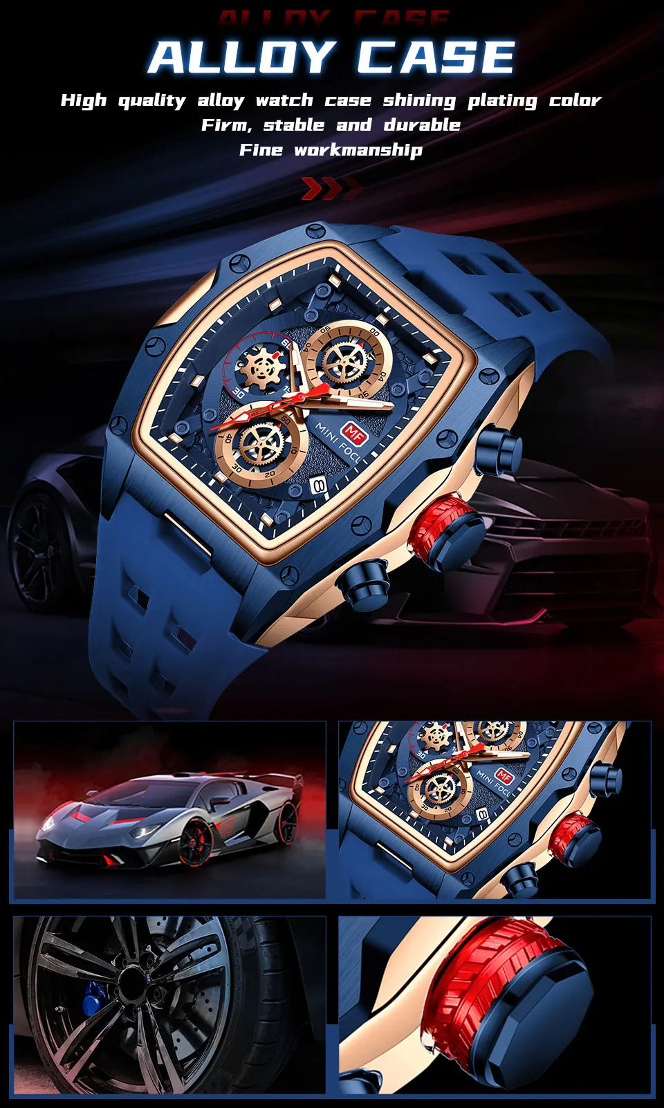 MINI FOCUS Blue Quartz Watch Men Fashion Military Sport Chronograph Wristwatch with Luminous Hands Auto Date Silicone Strap