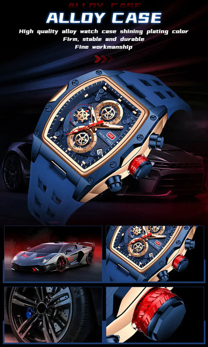 MINI FOCUS Blue Quartz Watch Men Fashion Military Sport Chronograph Wristwatch with Luminous Hands Auto Date Silicone Strap