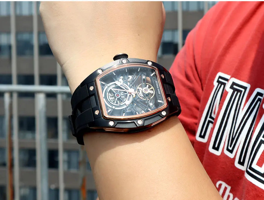 MINI FOCUS Men Wristwatch Fashion Black Waterproof Automatic Mechanical Watch with Luminous Hands Silicone Strap Tonneau Dial