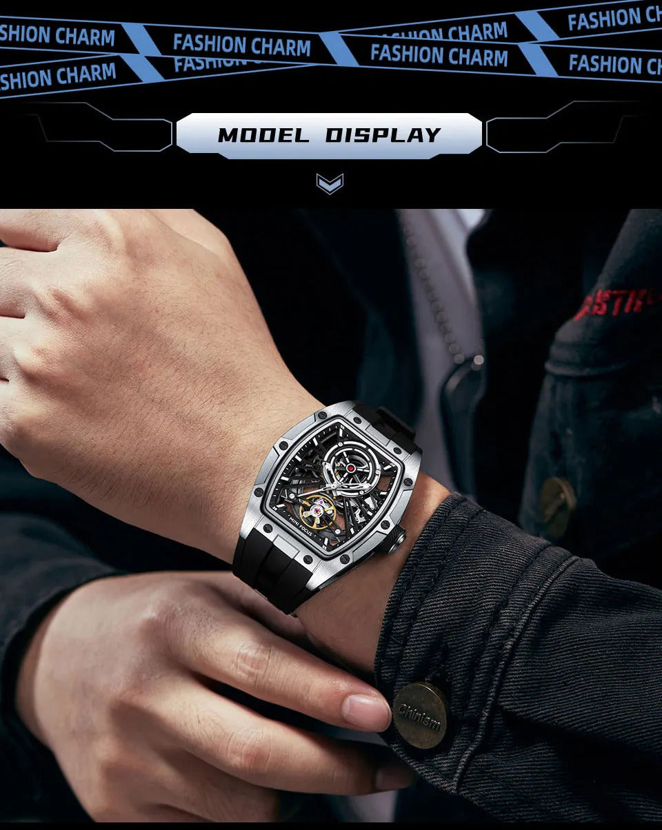 MINI FOCUS Men Wristwatch Fashion Black Waterproof Automatic Mechanical Watch with Luminous Hands Silicone Strap Tonneau Dial