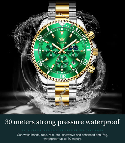 OLEVS Men's Watches Top Brand Luxury Watch for Men Original Waterproof Stainless Steel Chronograph Moon Phase Date Rota Dial