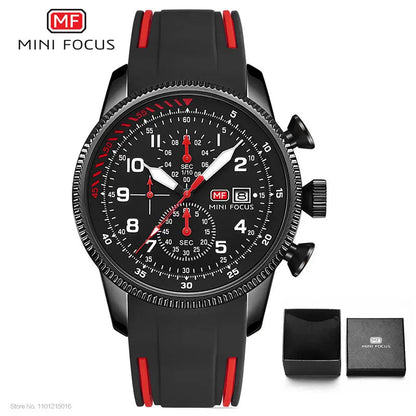 MINI FOCUS Sport Quartz Watch for Men Fashion Waterproof Chronograph Wristwatch with Blue Silicone Strap Auto Date Luminous 0379