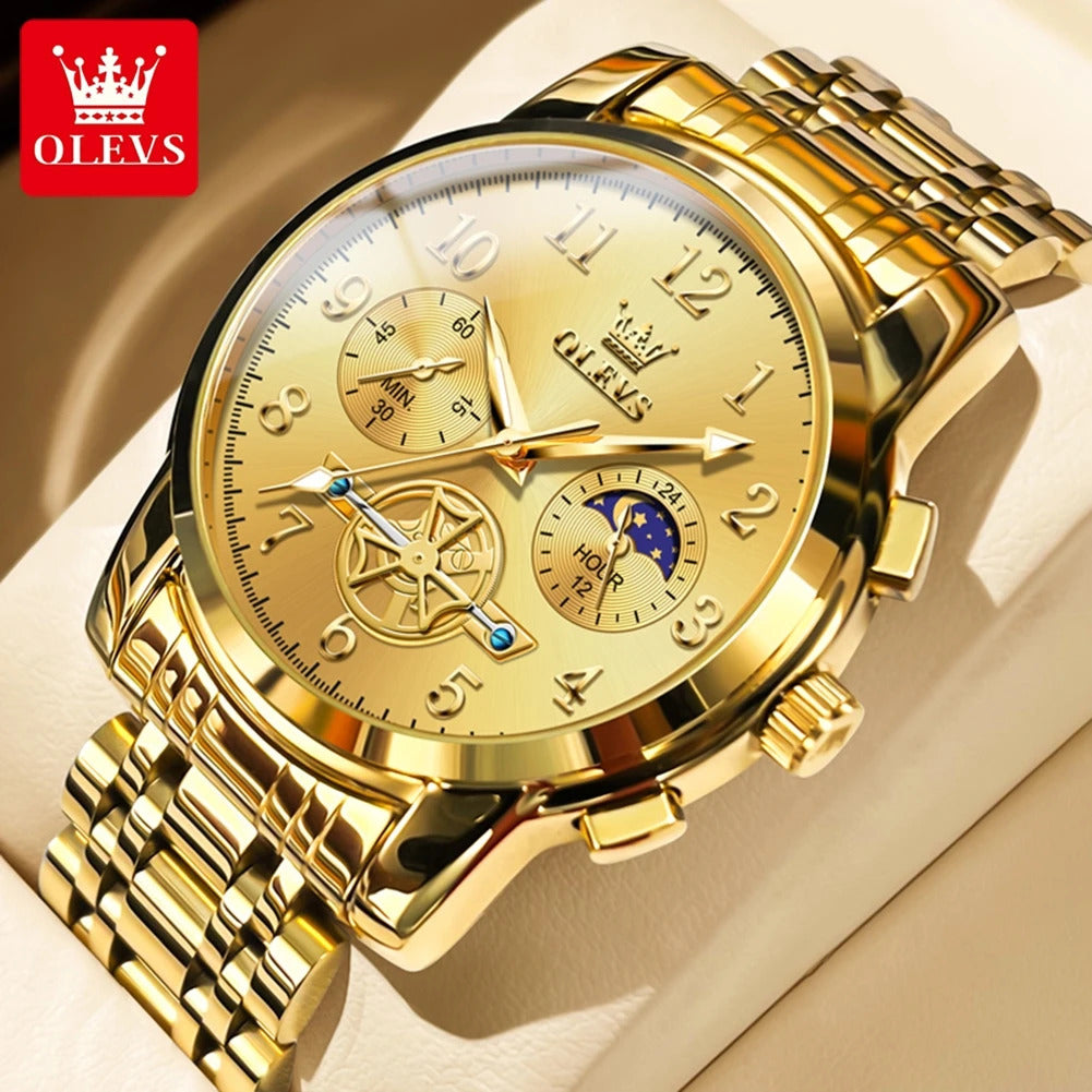 OLEVS 2900 Moon Phase Watch Men Stainless Steel Waterpoof Luminous  Fashion Skeleton Chronograph Quartz Wrist Watch for Men NEW