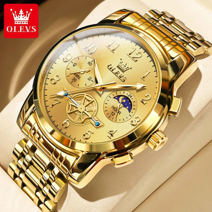 OLEVS 2900 Moon Phase Watch Men Stainless Steel Waterpoof Luminous  Fashion Skeleton Chronograph Quartz Wrist Watch for Men NEW