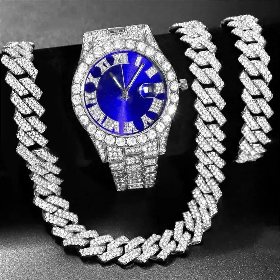 Fashion Rhinestone Wrist Watch Hip Hop 14MM Prong Cuban Chain Rapper Cuban Necklaces Set For Men and Women Punk Party Gift