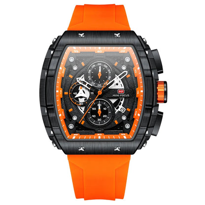 MINI FOCUS Sport Chronograph Quartz Watch for Men Fashion Blue Silicone Strap Tonneau Dial Wristwatch with Date 3atm Waterproof
