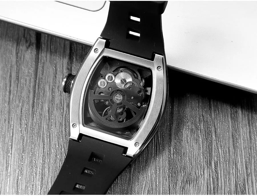 MINI FOCUS Men Wristwatch Fashion Black Waterproof Automatic Mechanical Watch with Luminous Hands Silicone Strap Tonneau Dial