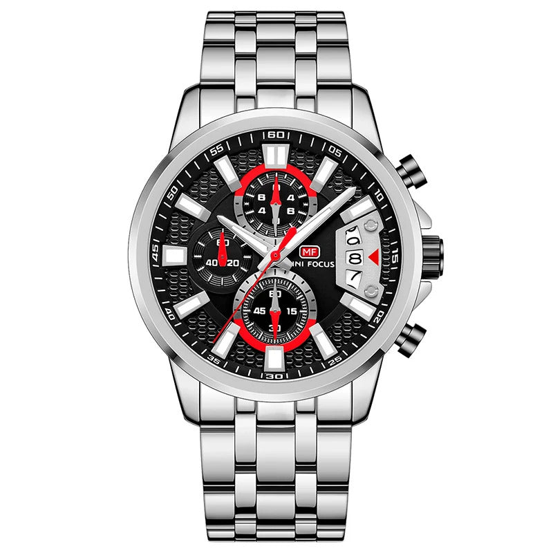 MINI FOCUS Chronograph Quartz Watch for Men with Stainless Steel Bracelet Luxury Sport Analog Wristwatch with Date Black Purple