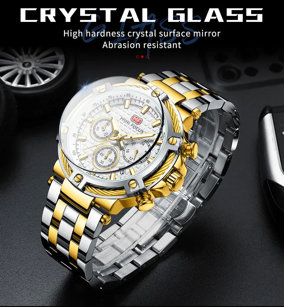 MINI FOCUS Analog Quartz Dress Watch Men Silver Blue Stainless Steel Band Chronograph Luminous Wristwatch with Date 24-hour 0470
