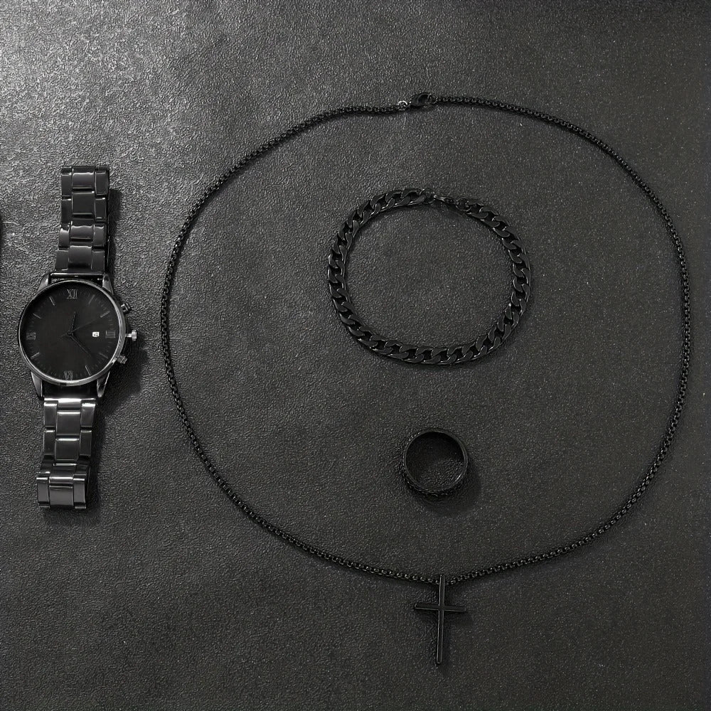 4pcs/set, Men's Simple Pointer Round Black Calendar Quartz Watch and Black Cross Pendant Necklace, Ring, Bracelet, Gift for Him