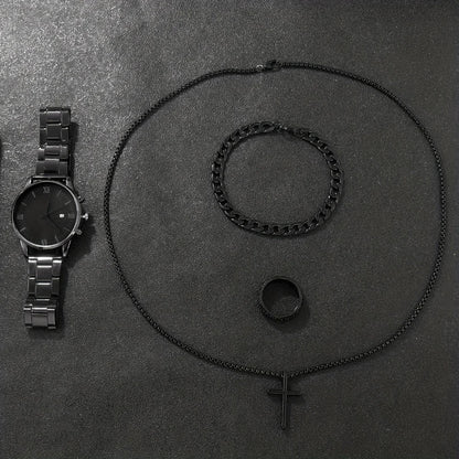 4pcs/set, Men's Simple Pointer Round Black Calendar Quartz Watch and Black Cross Pendant Necklace, Ring, Bracelet, Gift for Him