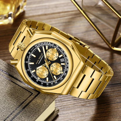 MINI FOCUS Fashion Multifunctional Quartz Watch for Men Calendar Luminous Luxury Stainless Steel Strap Bull Head Mens Watches