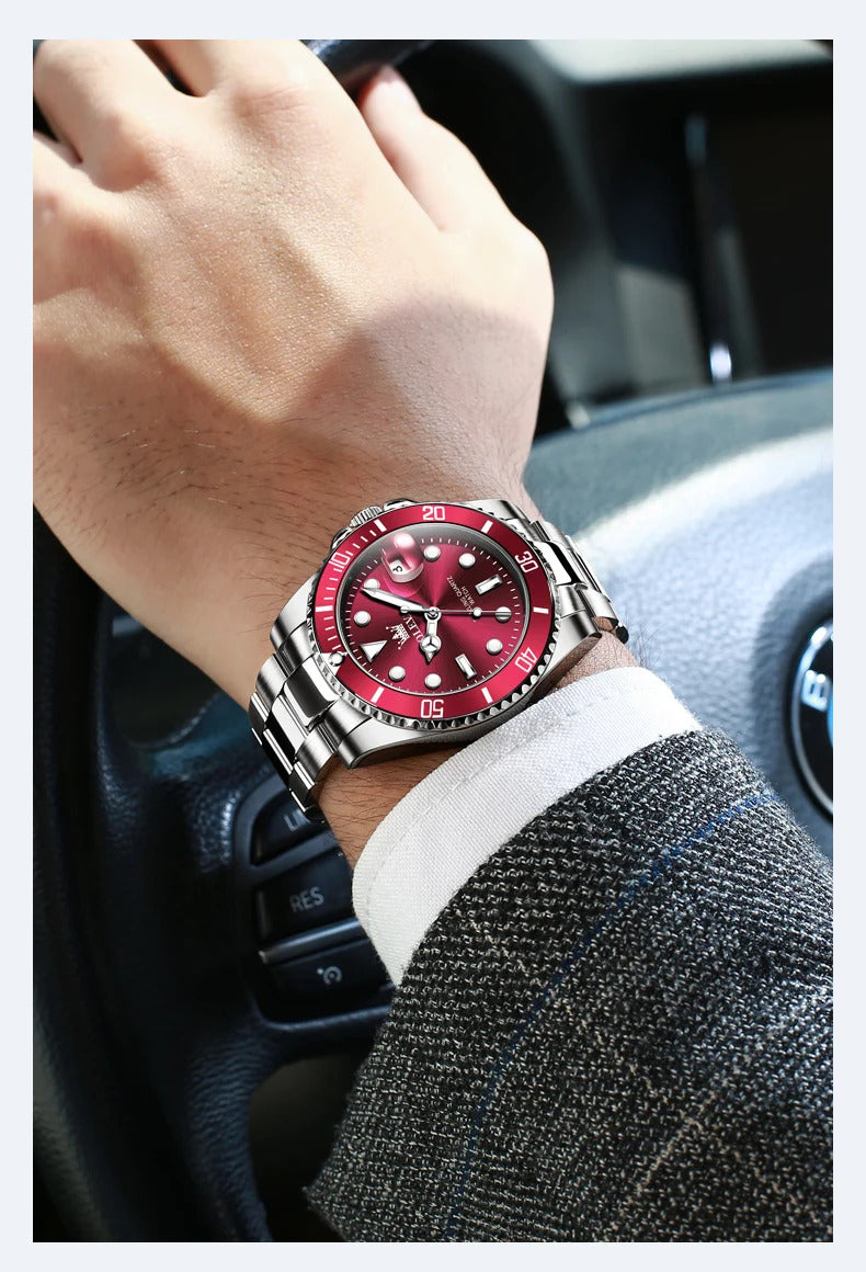 OLEVS 5885 Luxury Men Watch Diving Series Deep Waterproof Auto Date Stainless steel NEW Red Dial Original Wristwatch