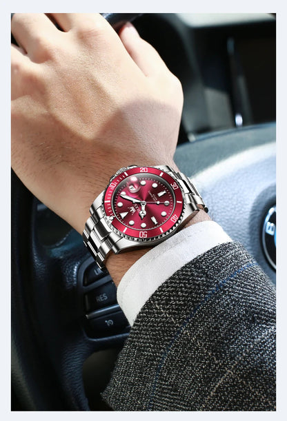 OLEVS 5885 Luxury Men Watch Diving Series Deep Waterproof Auto Date Stainless steel NEW Red Dial Original Wristwatch
