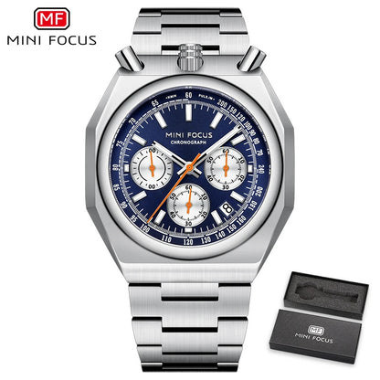 MINI FOCUS Fashion Multifunctional Quartz Watch for Men Calendar Luminous Luxury Stainless Steel Strap Bull Head Mens Watches
