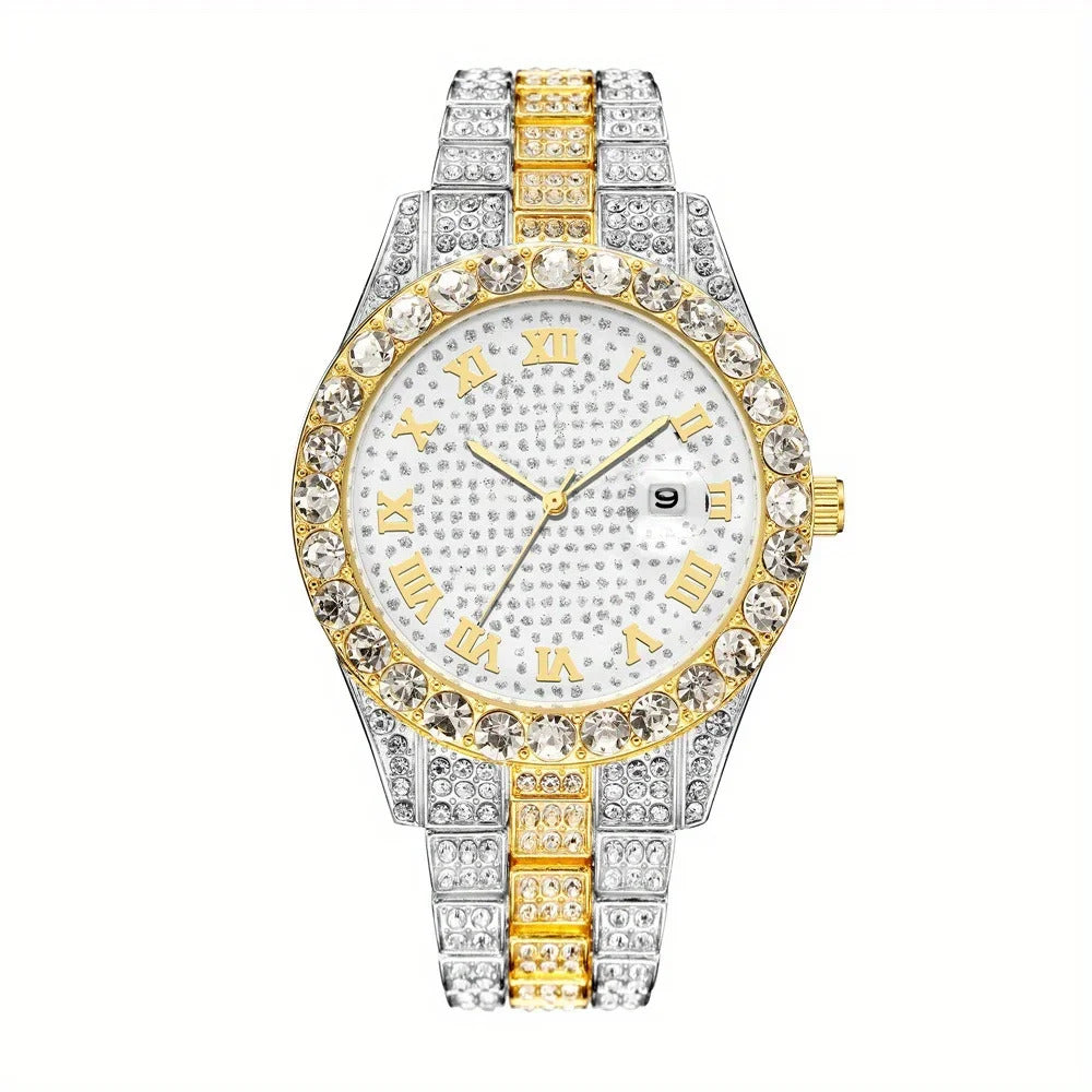 Fashion Hip-hop Cuban Bracelet & Men's Steel Band Faux Diamond Watch, Fashion Men's Watch Set
