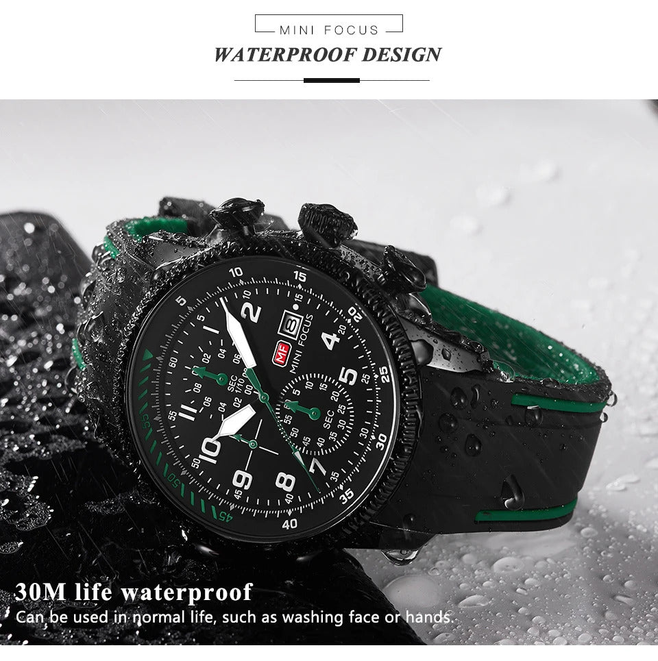 MINI FOCUS Sport Quartz Watch for Men Fashion Waterproof Chronograph Wristwatch with Blue Silicone Strap Auto Date Luminous 0379