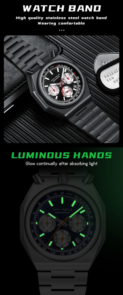 MINI FOCUS Fashion Multifunctional Quartz Watch for Men Calendar Luminous Luxury Stainless Steel Strap Bull Head Mens Watches