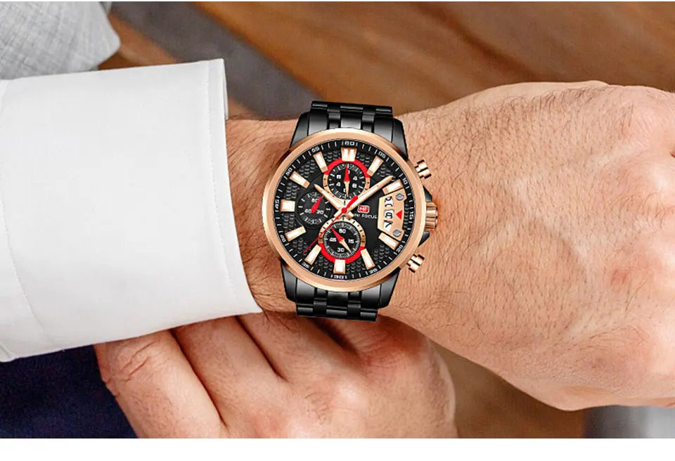 MINI FOCUS Chronograph Quartz Watch for Men with Stainless Steel Bracelet Luxury Sport Analog Wristwatch with Date Black Purple