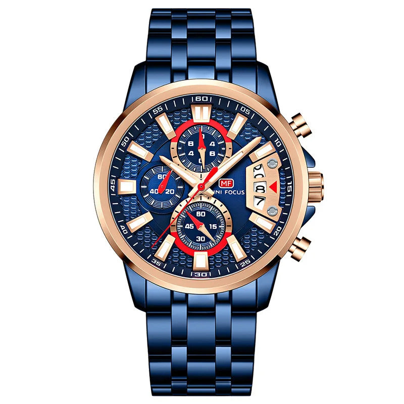 MINI FOCUS Chronograph Quartz Watch for Men with Stainless Steel Bracelet Luxury Sport Analog Wristwatch with Date Black Purple