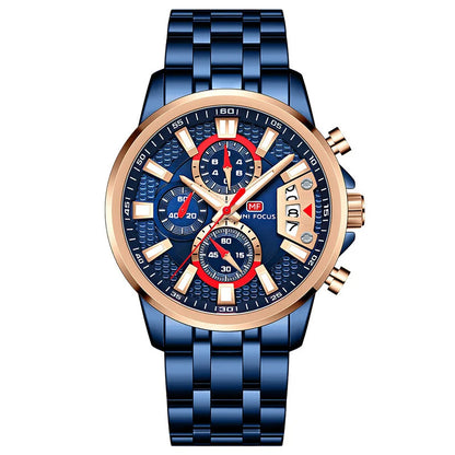 MINI FOCUS Chronograph Quartz Watch for Men with Stainless Steel Bracelet Luxury Sport Analog Wristwatch with Date Black Purple