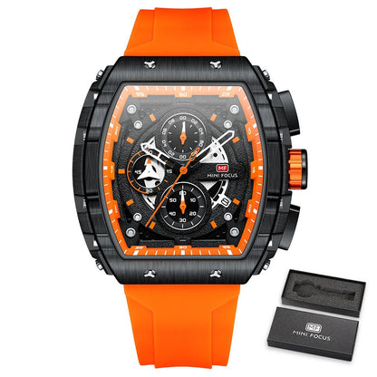 MINI FOCUS Sport Chronograph Quartz Watch for Men Fashion Blue Silicone Strap Tonneau Dial Wristwatch with Date 3atm Waterproof
