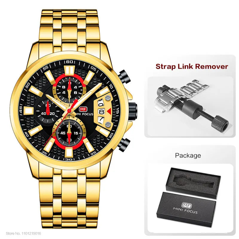 MINI FOCUS Chronograph Quartz Watch for Men with Stainless Steel Bracelet Luxury Sport Analog Wristwatch with Date Black Purple