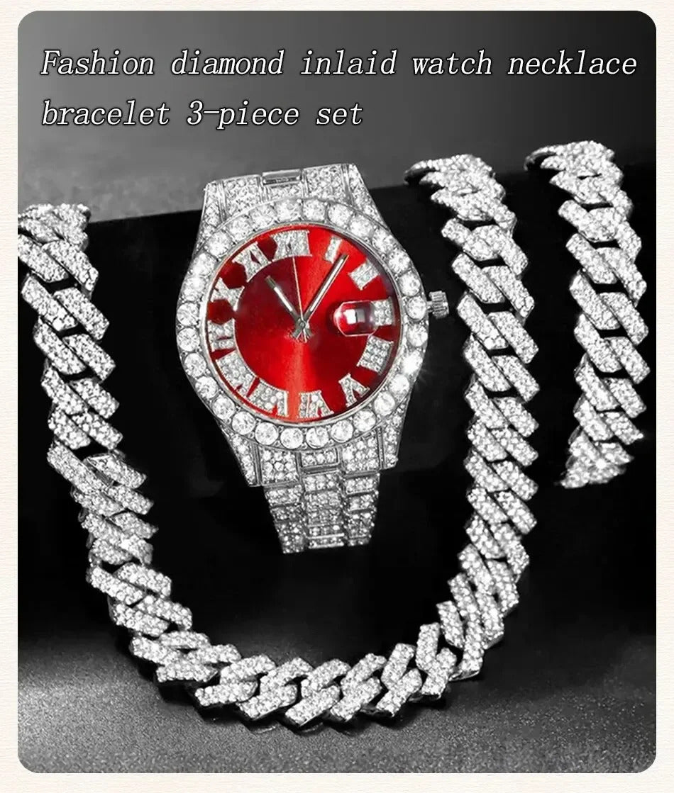 Fashion Rhinestone Wrist Watch Hip Hop 14MM Prong Cuban Chain Rapper Cuban Necklaces Set For Men and Women Punk Party Gift