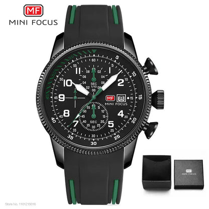 MINI FOCUS Sport Quartz Watch for Men Fashion Waterproof Chronograph Wristwatch with Blue Silicone Strap Auto Date Luminous 0379
