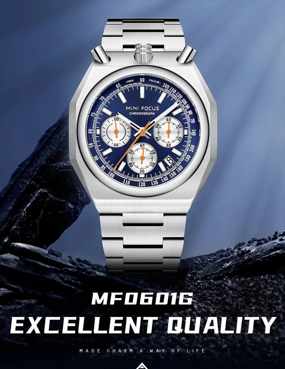 MINI FOCUS Fashion Multifunctional Quartz Watch for Men Calendar Luminous Luxury Stainless Steel Strap Bull Head Mens Watches