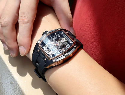 MINI FOCUS Men Wristwatch Fashion Black Waterproof Automatic Mechanical Watch with Luminous Hands Silicone Strap Tonneau Dial