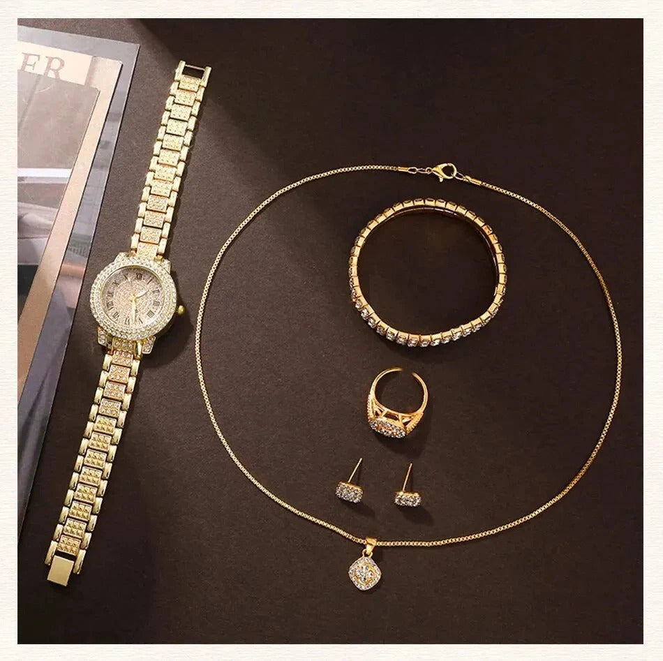 6 Pack Women's Watches Luxury Elegant Alloy Watches Women Crystal Watch Gift Quartz Watch Alloy Rhinestone Bracelet Montre