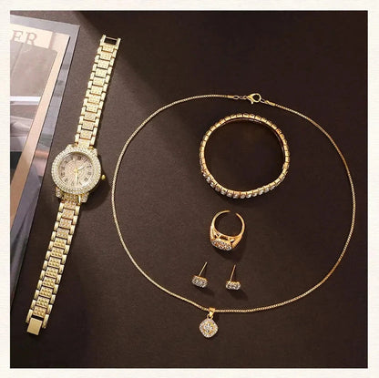 6 Pack Women's Watches Luxury Elegant Alloy Watches Women Crystal Watch Gift Quartz Watch Alloy Rhinestone Bracelet Montre