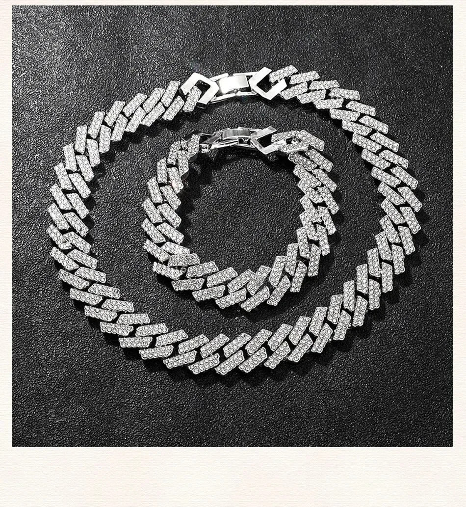 Fashion Rhinestone Wrist Watch Hip Hop 14MM Prong Cuban Chain Rapper Cuban Necklaces Set For Men and Women Punk Party Gift