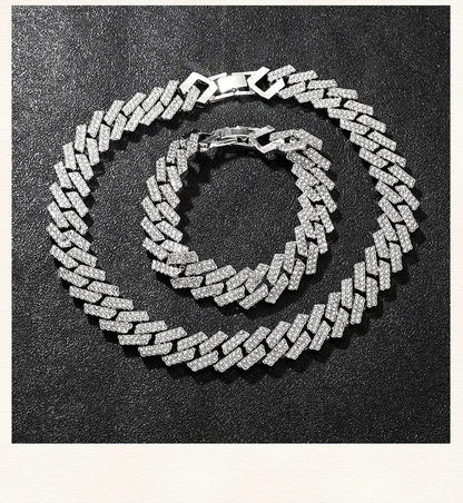 Fashion Rhinestone Wrist Watch Hip Hop 14MM Prong Cuban Chain Rapper Cuban Necklaces Set For Men and Women Punk Party Gift