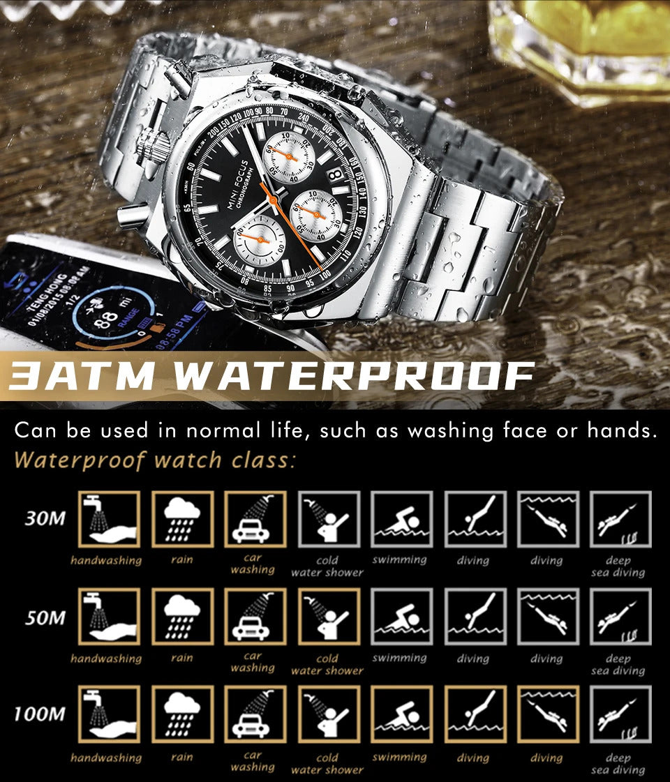 MINI FOCUS Fashion Multifunctional Quartz Watch for Men Calendar Luminous Luxury Stainless Steel Strap Bull Head Mens Watches