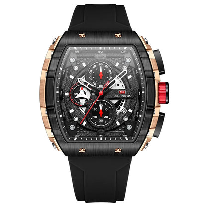 MINI FOCUS Sport Chronograph Quartz Watch for Men Fashion Blue Silicone Strap Tonneau Dial Wristwatch with Date 3atm Waterproof