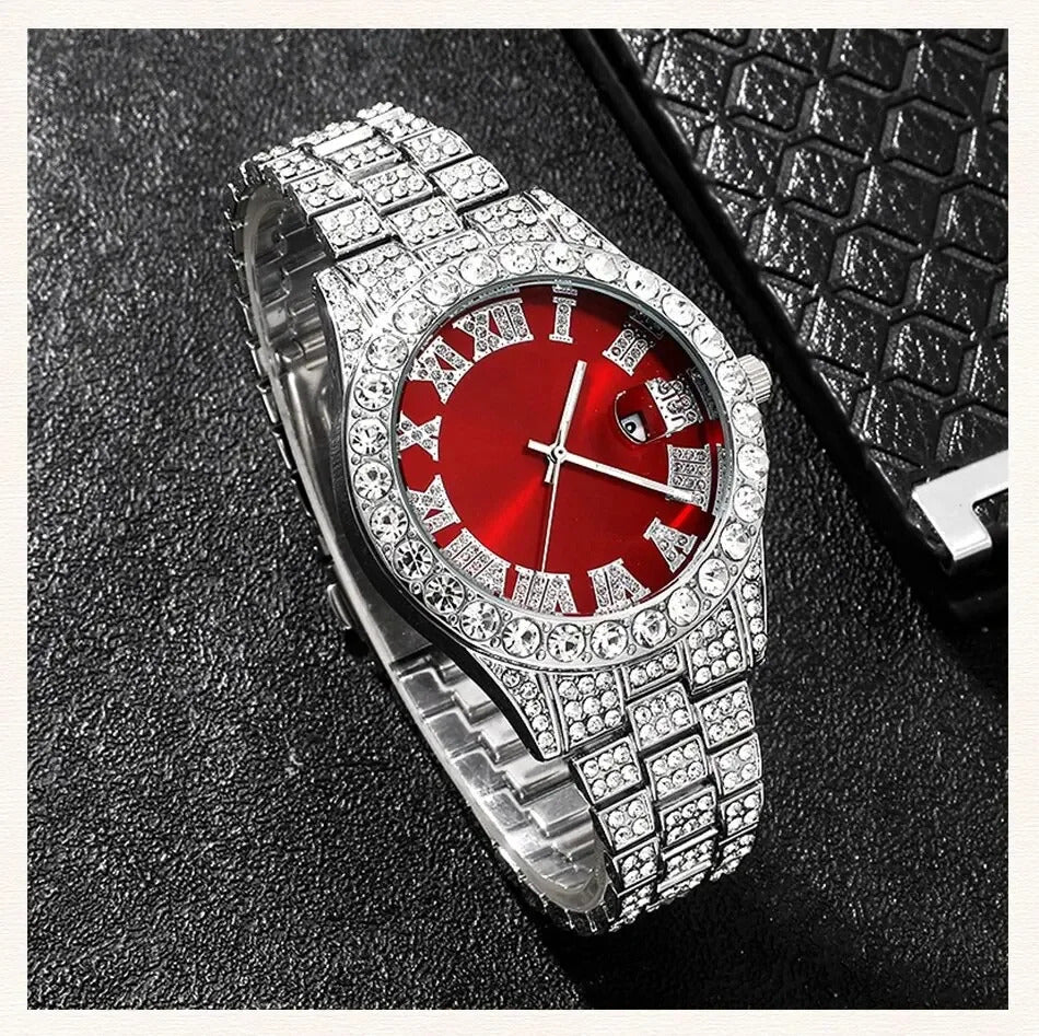 Fashion Rhinestone Wrist Watch Hip Hop 14MM Prong Cuban Chain Rapper Cuban Necklaces Set For Men and Women Punk Party Gift