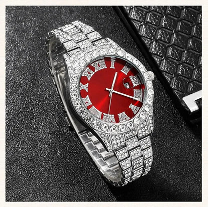 Fashion Rhinestone Wrist Watch Hip Hop 14MM Prong Cuban Chain Rapper Cuban Necklaces Set For Men and Women Punk Party Gift