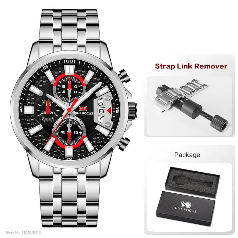 MINI FOCUS Chronograph Quartz Watch for Men with Stainless Steel Bracelet Luxury Sport Analog Wristwatch with Date Black Purple