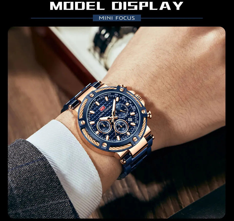 MINI FOCUS Analog Quartz Dress Watch Men Silver Blue Stainless Steel Band Chronograph Luminous Wristwatch with Date 24-hour 0470