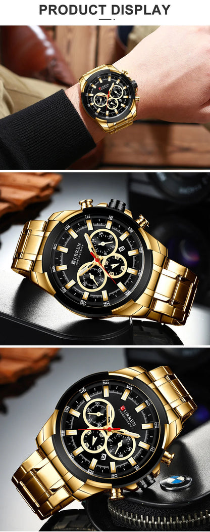 CURREN Men’s Watches Top Brand Big Sport Watch Luxury Men Military Steel Quartz Wrist Watches Chronograph Gold Design Male Clock
