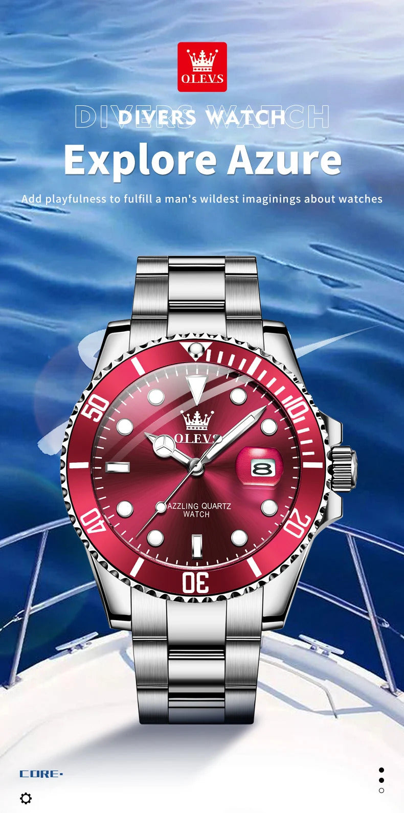 OLEVS 5885 Luxury Men Watch Diving Series Deep Waterproof Auto Date Stainless steel NEW Red Dial Original Wristwatch