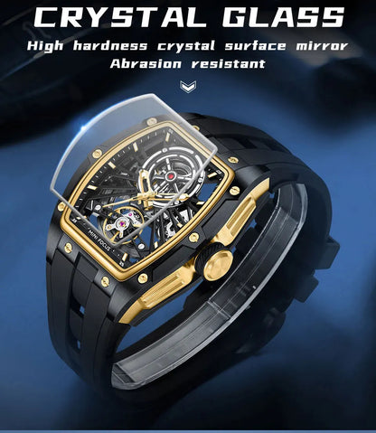 MINI FOCUS Men Wristwatch Fashion Black Waterproof Automatic Mechanical Watch with Luminous Hands Silicone Strap Tonneau Dial