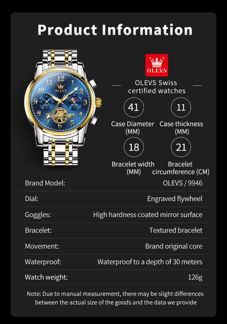 OLEVS 2900 Moon Phase Watch Men Stainless Steel Waterpoof Luminous  Fashion Skeleton Chronograph Quartz Wrist Watch for Men NEW